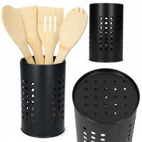 Kubek na Sztućce z Drewnianymi Utensyliami Organizer Ociekacz Metalowy